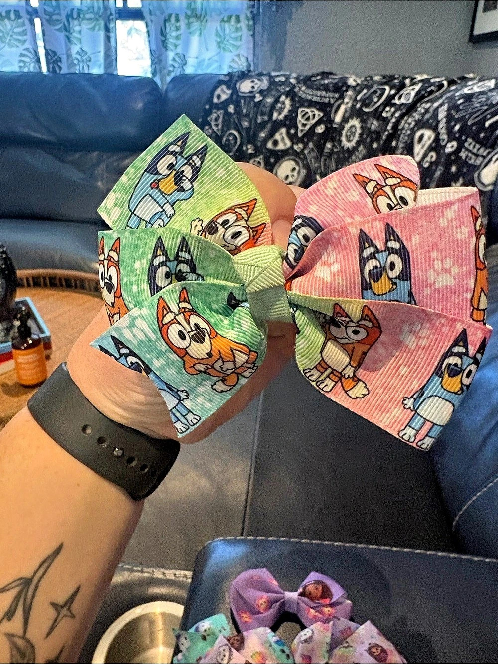 Kids Character Print Hair Bows Pink & Green
